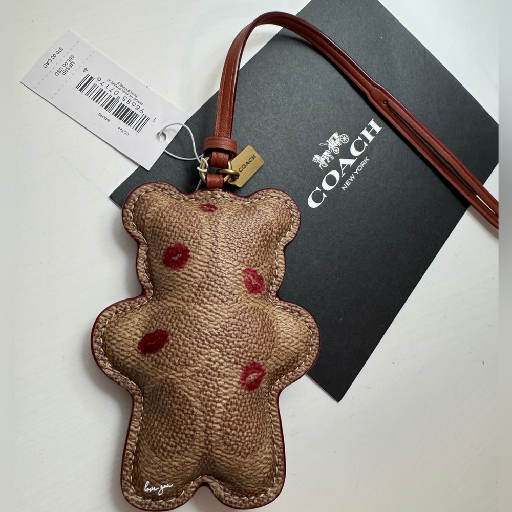 Coach customized puffy signature canvas bear with lip-print bag charm keychain
